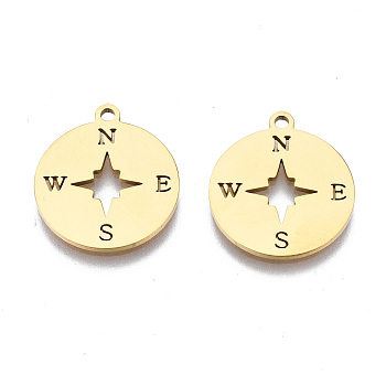 Ion Plating(IP) 201 Stainless Steel Pendants, Laser Cut, Compass, Golden, 17x15x1mm, Hole: 1.4mm