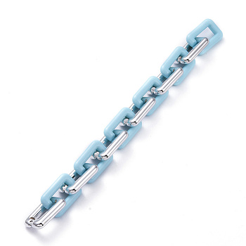 Handmade CCB Plastic Cable Chains, with Opaque Acrylic Linking Rings, Platinum, Deep Sky Blue, Links: 30x20x6mm, 39.37 inch(1m)/strand