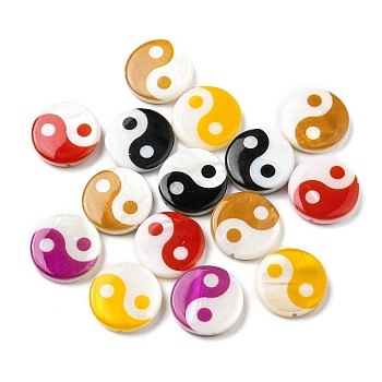Printed Natural Freshwater Shell Beads, Yin Yang Flat Round Beads, Mixed Color, 15x3~3.5mm, Hole: 0.7mm