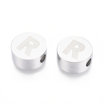 304 Stainless Steel Beads, Flat Round with Letter, Letter.R, 10x4.5mm, Hole: 2mm