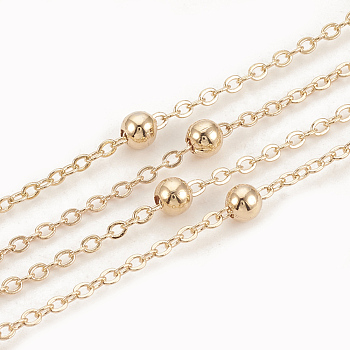 3.28 Feet Brass Cable Chains, Satellite Chains, with Round Beads, Soldered, Flat Oval, Real 18K Gold Plated, 2x1.5x0.2mm