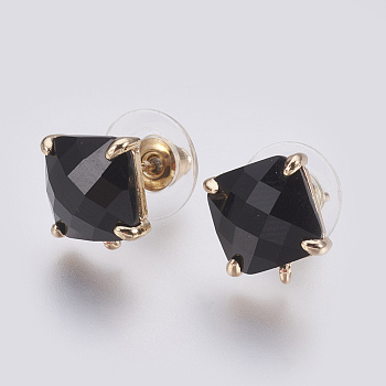 Faceted Glass Stud Earring Findings, with Loop, Light Gold Plated Brass Findings, Square, Black, 11x10x5mm, Hole: 1mm, Pin: 0.8mm