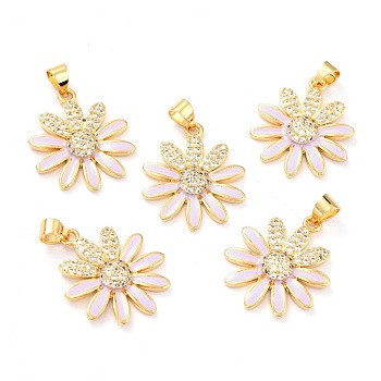 Real 18K Gold Plated Brass Micro Pave Cubic Zirconia Pendants, with Enamel, Long-Lasting Plated, Flower, Lilac, 22.5x19.5x3.5mm, Hole: 3.5x4mm