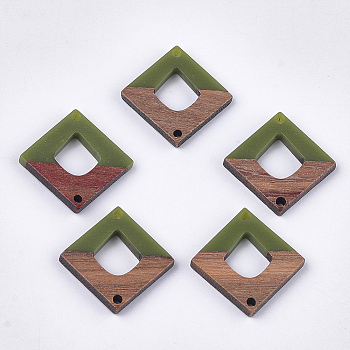 Resin & Walnut Wood Links connectors, Rhombus, Olive Drab, 27.5x27.5x3~3.5mm, Hole: 2mm