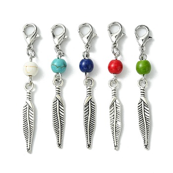 Alloy Feather Pendant Decorations, with Dyed Synthetic Turquoise Beads and Alloy Lobster Claw Clasps, Mixed Color, 53mm