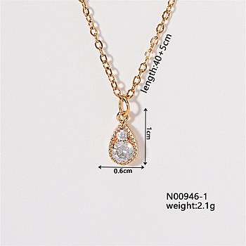 Chic Minimalist Teardrop Brass Micro Pave Cubic Zirconia Pendant Necklaces, Cable Chains Necklaces for Women, 15.75 inch(400mm)