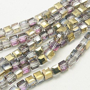 Electroplate Glass Beads Strands, Half Plated, Faceted Cube, Plum, 4x4x4mm, Hole: 1mm, about 100pcs/strand, 16.9 inch