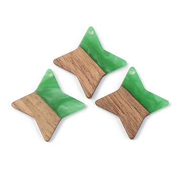 Opaque Resin & Walnut Wood Pendants, Star, Green, 29.5x29.5x3mm, Hole: 2mm