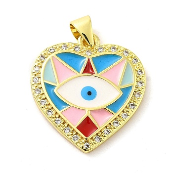 Real 18K Gold Plated Brass Clear Cubic Zirconia Pendants, with Enamel, Heart with Evil Eye, Colorful, 21x19.5x2.5mm, Hole: 5x3.5mm