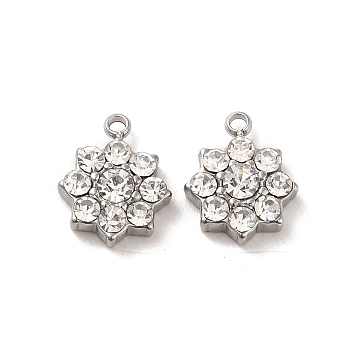 304 Stainless Steel Charms,  with Rhinestone, Flower, Crystal, 12x9.8x3.5mm, Hole: 1.4mm