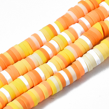 Handmade Polymer Clay Beads Strands, for DIY Jewelry Crafts Supplies, Heishi Beads, Disc/Flat Round, Orange, 4x0.5~1mm, Hole: 1.4mm, about 350~410pcs/strand, 15.75 inch~16.14 inch(40~41cm)