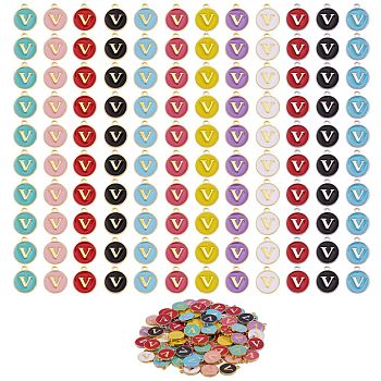 120Pcs 12 Colors Golden Plated Alloy Charms, with Enamel, Enamelled Sequins, Flat Round with Letter, Letter.V, 14x12x2mm, Hole: 1.5mm, 10pcs/color