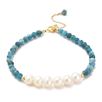 Natural Apatite Bead Bracelets, with Sterling Silver Beads and Pearl Beads, Real 18K Gold Plated, 16.7cm