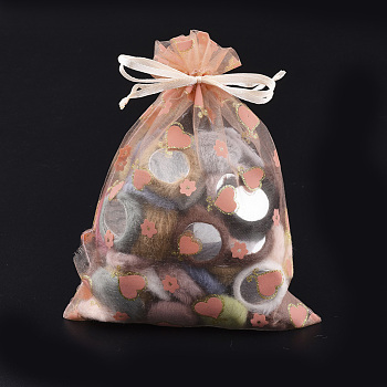 Printed Organza Bags, Gift Bags, with Glitter Powder, Rectangle with Heart, Light Salmon, 19~20.5x13.5~14cm