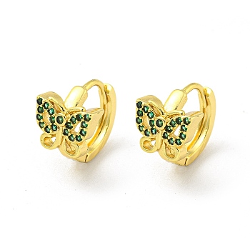 Brass Micro Pave Cubic Zirconia Hoop Earring, Real 18K Gold Plated, Butterfly, Green, 13x10mm