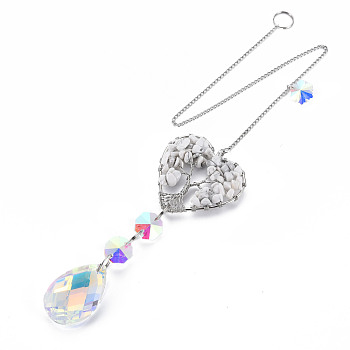 Natural Gemstone Big Pendants, with Platinum Brass Chain Extender and Findings, Plating Glass Teardrop & Flower, Clear AB Color, Heart with Tree of Life, 130mm, Hole: 4mm