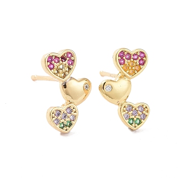 Colorful Rhinestone Triple Heart Stud Earrings, Brass Jewelry for Women, Cadmium Free & Lead Free, Real 18K Gold Plated, 8x12.5mm, Pin: 1mm