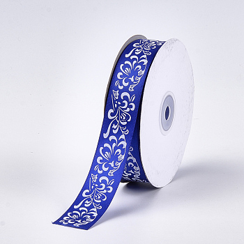 Single Face Satin Ribbon, Polyester Ribbon, Flower Pattern, Blue, 1 inch(25mm), about 50yards/roll(45.72m/roll)