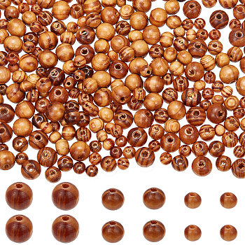 300Pcs 3 Styles Round Natural Wood Beads, Dyed, Lead Free, BurlyWood, 6~10x5~9mm, Hole: 2~3.5mm, 100pcs/style