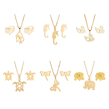 FIBLOOM 6 Sets 6 Styles Stainless Steel Animal Pendant Necklace & Stud Earrings, Jewelry Set, Dragonfly & Elephant & Sea Horse & Swan & Dolphin & Turtle, Golden, 17.7 inch(45cm), 7~9x10mm, 1 Set/style