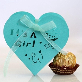 Paper Candy Boxes, with Ribbon, Bakery Box, Baby Shower Gift Box, hEART, Turquoise, 9.5x9.5x3cm