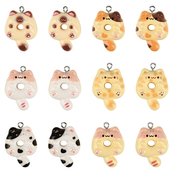 30Pcs 6 Colors Opaque Resin Pendants, Cat Shape Donut, with Platinum Iron Loop, Mixed Color, 30x21x8.5mm, Hole: 2mm, 5pcs/color 