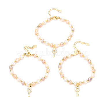 Brass Micro Pave Cubic Zirconia Key Charms Bracelets, Real 18K Gold Plated, with Natural Pearl, Long-Lasting Plated, Mixed Color, 6-1/2x1/8 inch(16.5x0.3~6cm)(BJEW-D447-10G)