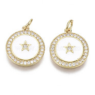 Brass Micro Pave Cubic Zirconia Pendants, with Enamel and Jump Ring, Nickel Free, Flat Round with Star, Real 16K Gold Plated, White, 16x14x2mm, Hole: 3mm, Jump Ring: 5x1mm, 3mm inner diameter(ZIRC-N039-060C-NF)