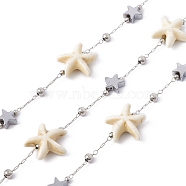 Handmade Synthetic Turquoise Starfish & 304 Stainless Steel Star Beaded Chains, with Satellite Chains, Soldered, with Spool, Stainless Steel Color, 14x13.5x5mm, 7.5x7x3mm, 2x1x0.3mm(CHS-E008-01P)