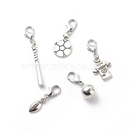 Tibetan Style Alloy Sports Theme Pendant Decorations, with Lobster Claw Clasps, Football/Rugby/Baseball Bat/Jersey/Basketball Clip-on Charms, Antique Silver, 29~51mm(HJEW-JM00747)