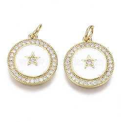 Brass Micro Pave Cubic Zirconia Pendants, with Enamel and Jump Ring, Nickel Free, Flat Round with Star, Real 16K Gold Plated, White, 16x14x2mm, Hole: 3mm, Jump Ring: 5x1mm, 3mm inner diameter(ZIRC-N039-060C-NF)