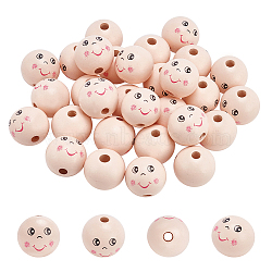30Pcs Spray Painted Natural Wood European Beads, Smiling Face Print Large Hole Round Beads, Misty Rose, 23.5x22mm, Hole: 5.5mm(WOOD-NB0002-66)