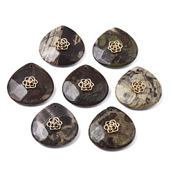 Natural Ocean Jasper Pendant Rhinestone Settings, with Light Gold Plated Flower Brass Findings, Faceted, Teardrop, Fit for 1.4mm Rhinestone, 28x28x9~20mm, Hole: 1.2~1.5mm(G-N326-133-07)