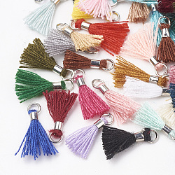 Polycotton(Polyester Cotton) Tassel Pendant Decorations, Mini Tassel, with Brass Findings, Platinum, Mixed Color, 10~15x3~4mm, Hole: 2mm(FIND-S275-P-M)