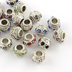 Barrel Antique Silver Plated Metal Alloy Rhinestone European Beads, Large Hole Beads, Mixed Color, 10~11x9mm, Hole: 5mm(ALRI-Q228-02)