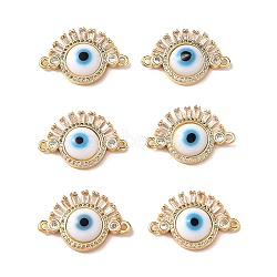 Lampwork Evil Eye Connector Charms, with Clear Cubic Zirconia, Real 18K Gold Plated Brass Findings, White, 18x26x5mm, Hole: 1.4mm(ZIRC-L102-09G)