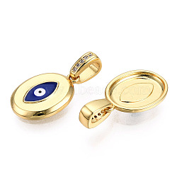 Brass Micro Pave Clear Cubic Zirconia Pendants, with Enamel, Nickel Free, Oval with Evil Eye, Real 18K Gold Plated, Dark Blue, 20x14x2.5mm, Hole: 3x6mm(KK-N227-141B)
