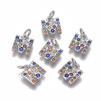 Brass Micro Pave Cubic Zirconia Charms, Letter, Colorful, Platinum, Letter.M, 7.8x7x1.7mm, Hole: 2mm