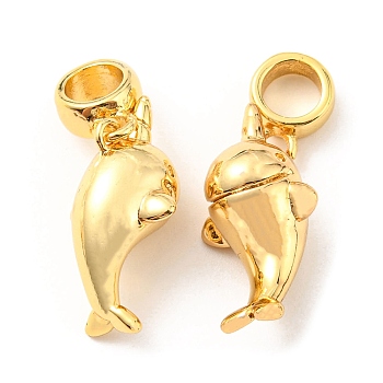 Brass European Dangle Charms, Large Hole Pendants, Lead Free & Cadmium Free, Dolphin Charm, Real 18K Gold Plated, 28mm, Hole: 5mm