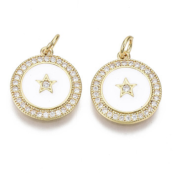 Brass Micro Pave Cubic Zirconia Pendants, with Enamel and Jump Ring, Nickel Free, Flat Round with Star, Real 16K Gold Plated, White, 16x14x2mm, Hole: 3mm, Jump Ring: 5x1mm, 3mm inner diameter