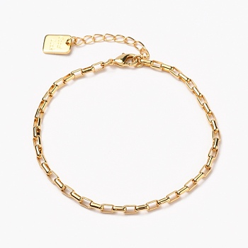 Brass Box Chain Bracelets, with Lobster Claw Clasps, Long-Lasting Plated, Word Good Luck, Real 18K Gold Plated, 6-7/8 inch(17.6cm)