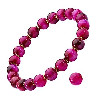Natural Tiger Eye Round Beads Stretch Bracelet, Stone Bracelet with Alloy Daisy Spacer Beads for Women, Medium Violet Red, Inner Diameter: 2 inch(5.2cm)