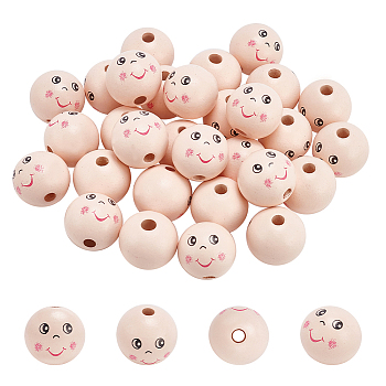 30Pcs Spray Painted Natural Wood European Beads, Smiling Face Print Large Hole Round Beads, Misty Rose, 23.5x22mm, Hole: 5.5mm