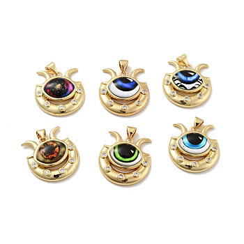 Eye with Moon Brass Micro Pave Clear Cubic Zirconia Pendants, with Resin Eyeball, Cadmium Free & Nickel Free & Lead Free, Real 18K Gold Plated, Mixed Color, 23x22x7mm, Hole: 3.6x4.3mm