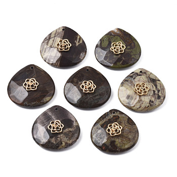 Natural Ocean Jasper Pendant Rhinestone Settings, with Light Gold Plated Flower Brass Findings, Faceted, Teardrop, Fit for 1.4mm Rhinestone, 28x28x9~20mm, Hole: 1.2~1.5mm