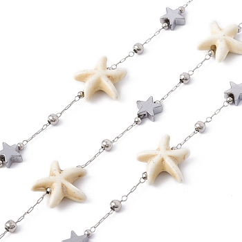 Handmade Synthetic Turquoise Starfish & 304 Stainless Steel Star Beaded Chains, with Satellite Chains, Soldered, with Spool, Stainless Steel Color, 14x13.5x5mm, 7.5x7x3mm, 2x1x0.3mm