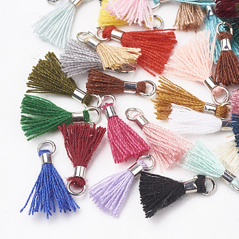 Polycotton(Polyester Cotton) Tassel Pendant Decorations, Mini Tassel, with Brass Findings, Platinum, Mixed Color, 10~15x3~4mm, Hole: 2mm