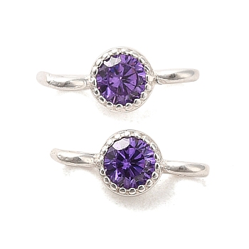 925 Sterling Silver Pave Cubic Zirconia Connector Charms, Half Round Links with 925 Stamp, Silver Color Plated, Dark Orchid, 8.5x3.5x2.5mm, Hole: 1.5mm