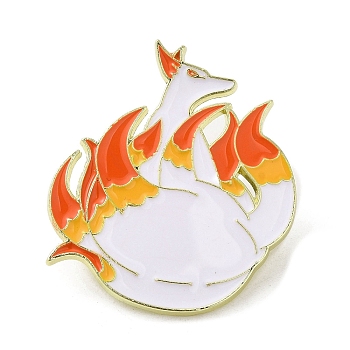 Chinese Style Myth Animal Nine Tail Fox Enamel Pins, Light Gold Alloy Brooch for Backpack Clothes Women, Orange, 33.5x29.5x1.5mm