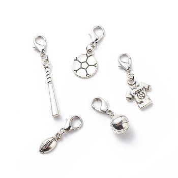 Tibetan Style Alloy Sports Theme Pendant Decorations, with Lobster Claw Clasps, Football/Rugby/Baseball Bat/Jersey/Basketball Clip-on Charms, Antique Silver, 29~51mm